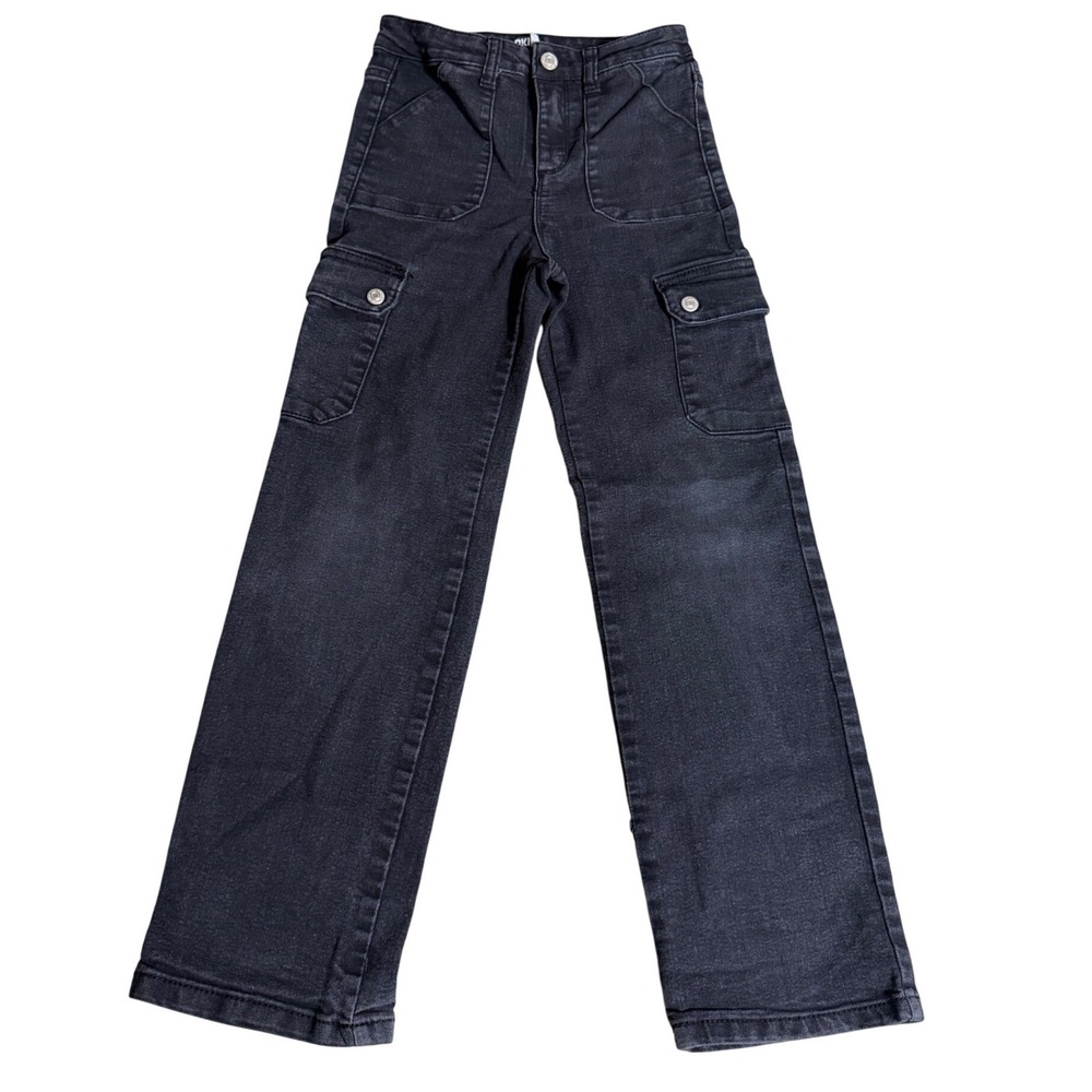 DKNY Girls Black Denim Cargo Pants Wide Leg Stretch Jeans Size 10
